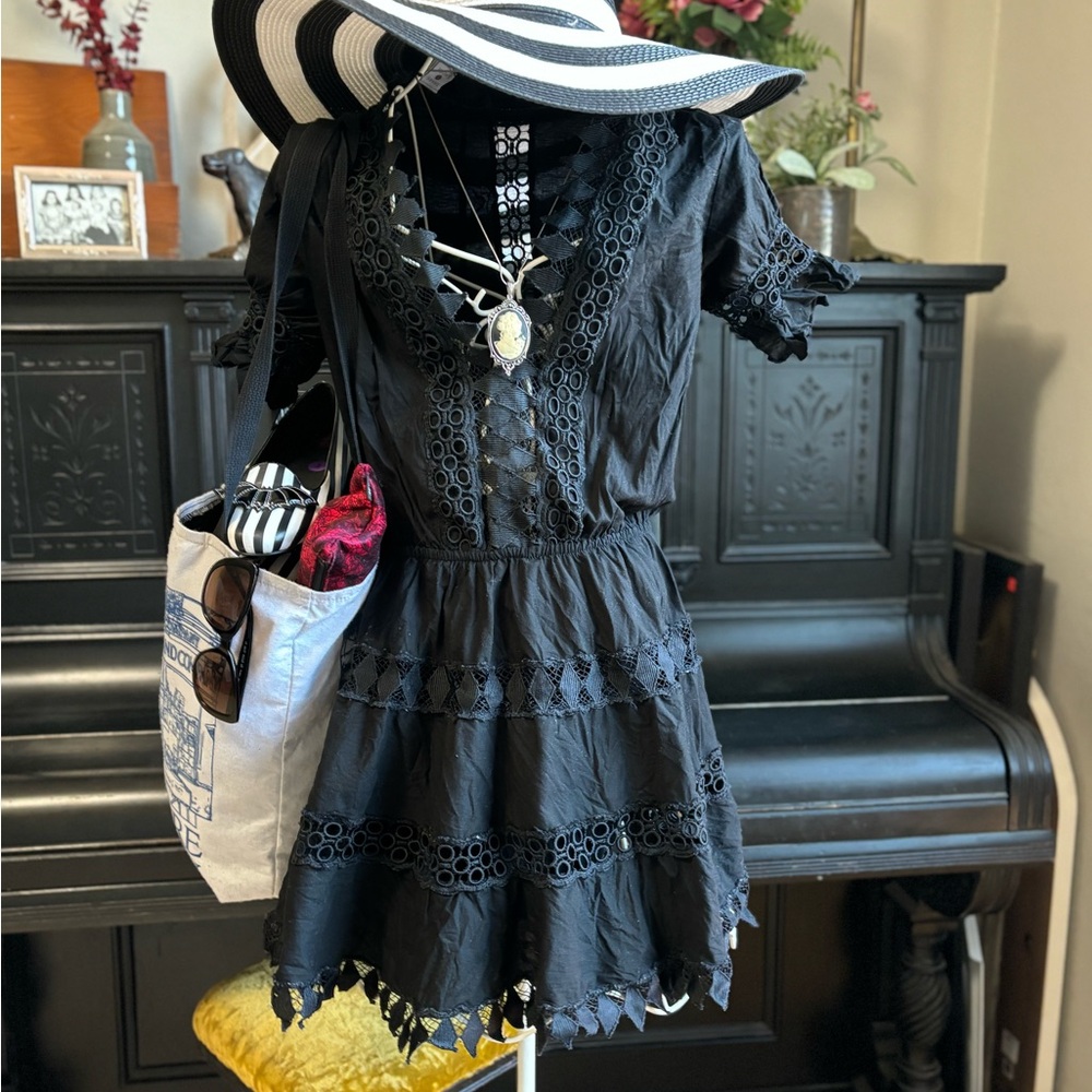 Peixoto Ora Embroidered Black Mini Dress